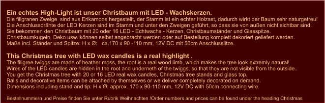 Ein echtes High-Light ist unser Christbaum mit LED - Wachskerzen.Die filigranen Zweige  sind aus Erikamoos hergestellt, der Stamm ist ein echter Holzast, dadurch wirkt der Baum sehr naturgetreu! Die Anschlussdrähte der LED Kerzen sind im Stamm und unter den Zweigen geführt, so dass sie von außen nicht sichtbar sind. Sie bekommen den Christbaum mit 20 oder 16 LED - Echtwachs - Kerzen, Christbaumständer und Glasspitze.  Christbaumkugeln, Deko usw. können selbst angebracht werden oder auf Bestellung komplett dekoriert geliefert werden. Maße incl. Ständer und Spitze: H x Ø:   ca.170 x 90 -110 mm, 12V DC mit 50cm Anschlusslitze.  This Christmas tree with LED wax candles is a real highlight . The filigree twiggs are made of heather moss, the root is a real wood limb, which makes the tree look extremly natural! Wires of the LED candles are hidden in the root and underneth of the twiggs, so that they are not visible from the outside.. You get the Christmas tree with 20 or 16 LED real wax candles, Christmas tree stands and glass top.   Balls and decorative items can be attached by themselves or we deliver completely decorated on demand.  Dimensions including stand and tip: H x Ø: approx. 170 x 90-110 mm, 12V DC with 50cm connecting wire.  Bestellnummern und Preise finden Sie unter Rubrik Weihnachten /Order numbers and prices can be found under the heading Christmas    